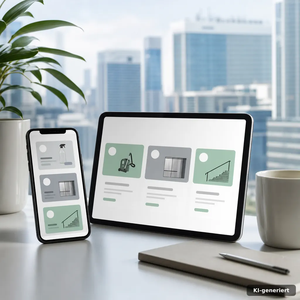 google business profil sichtbar machen: mobile Ansicht mit Service-„Profilkarten“ und Stadtbezug