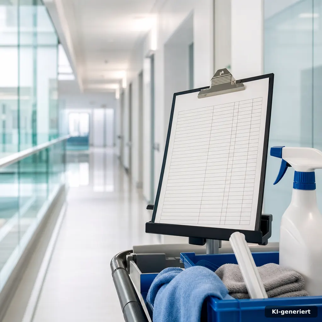 Hygienekennzeichnung und Checkliste als Teil der Dokumentation in einem Praxisflur