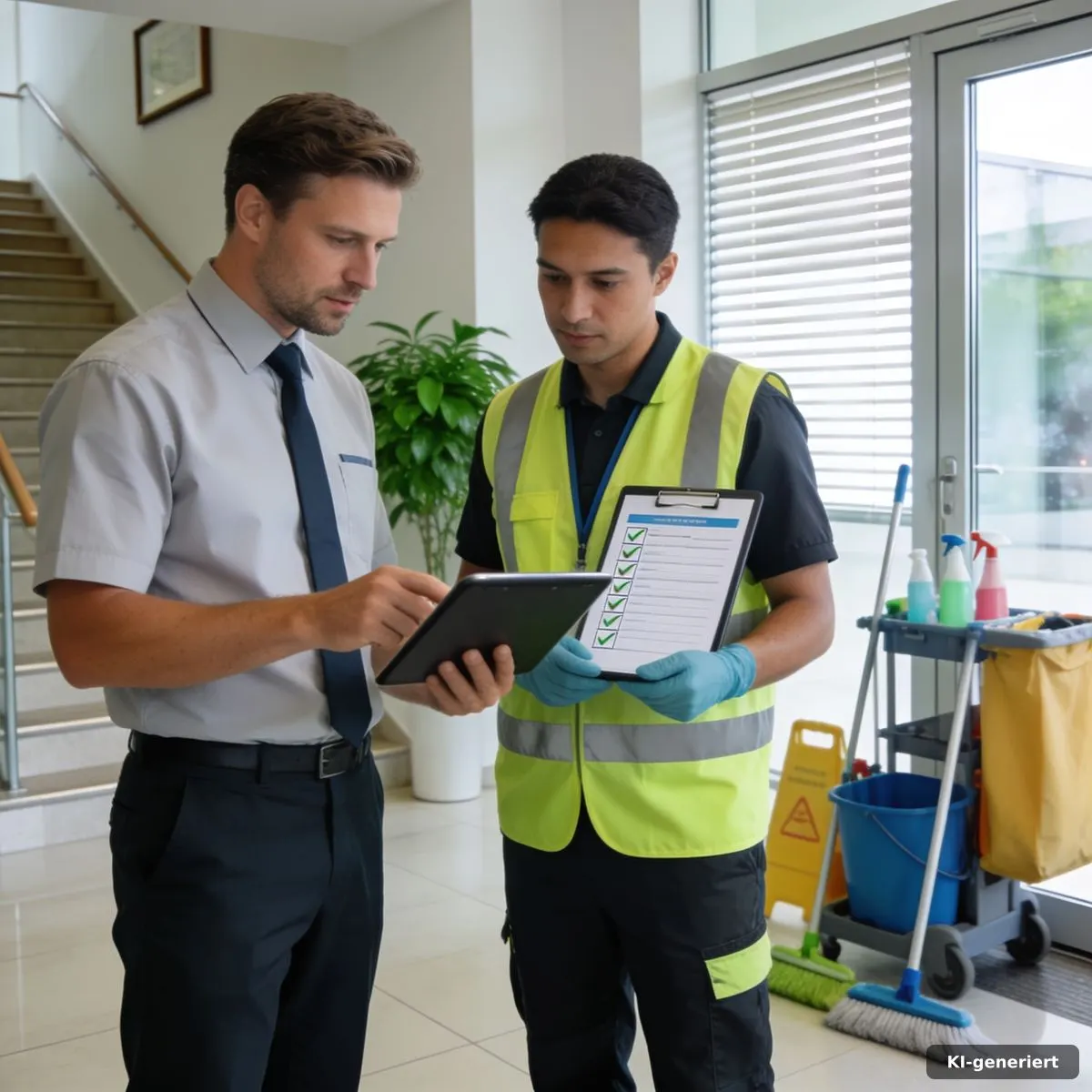 Facility-Manager und Reinigungskraft besprechen die dokumentierten Prüfergebnisse im Bürofoyer
