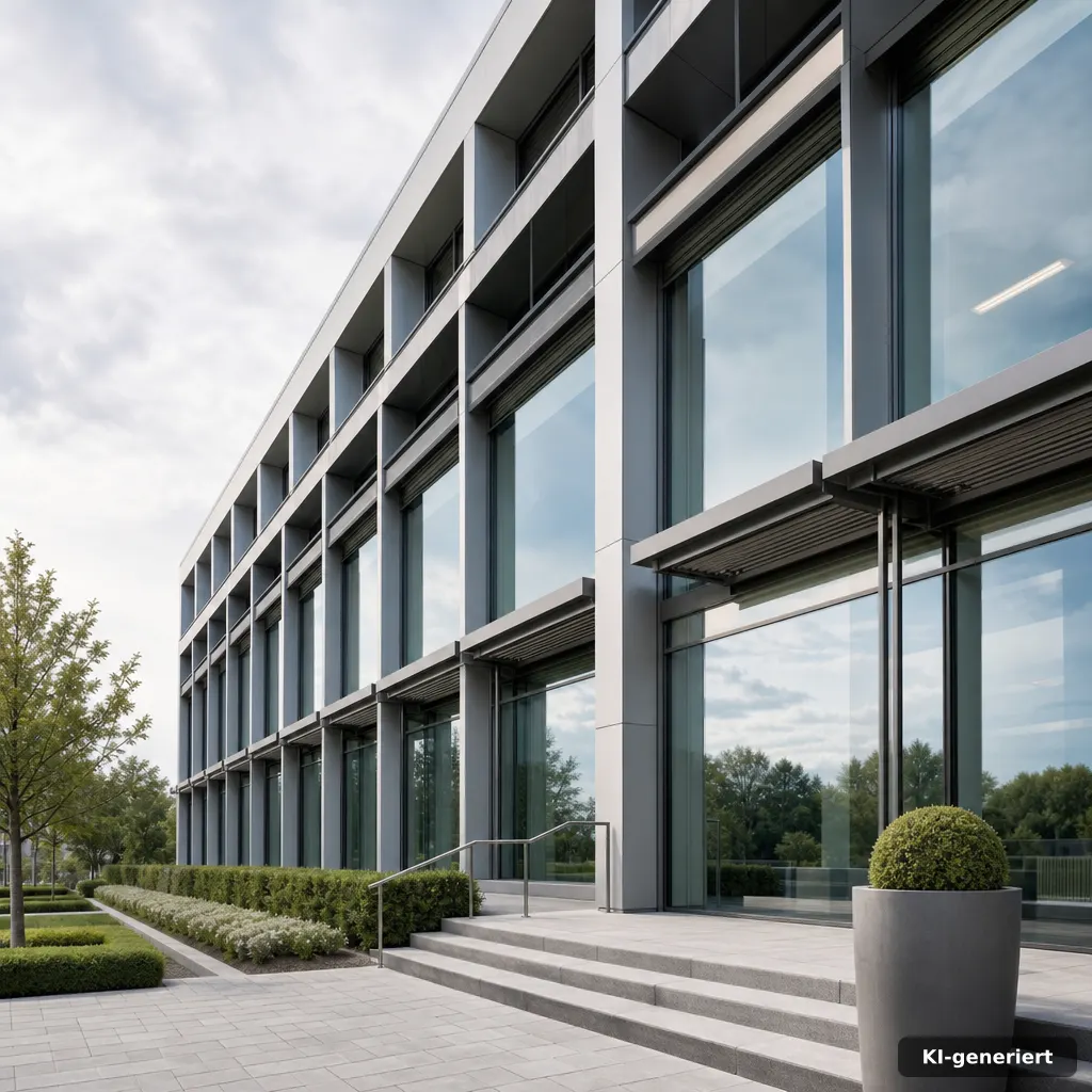Sauber gepflegte Fassade und klare Glasflächen am Bürogebäude