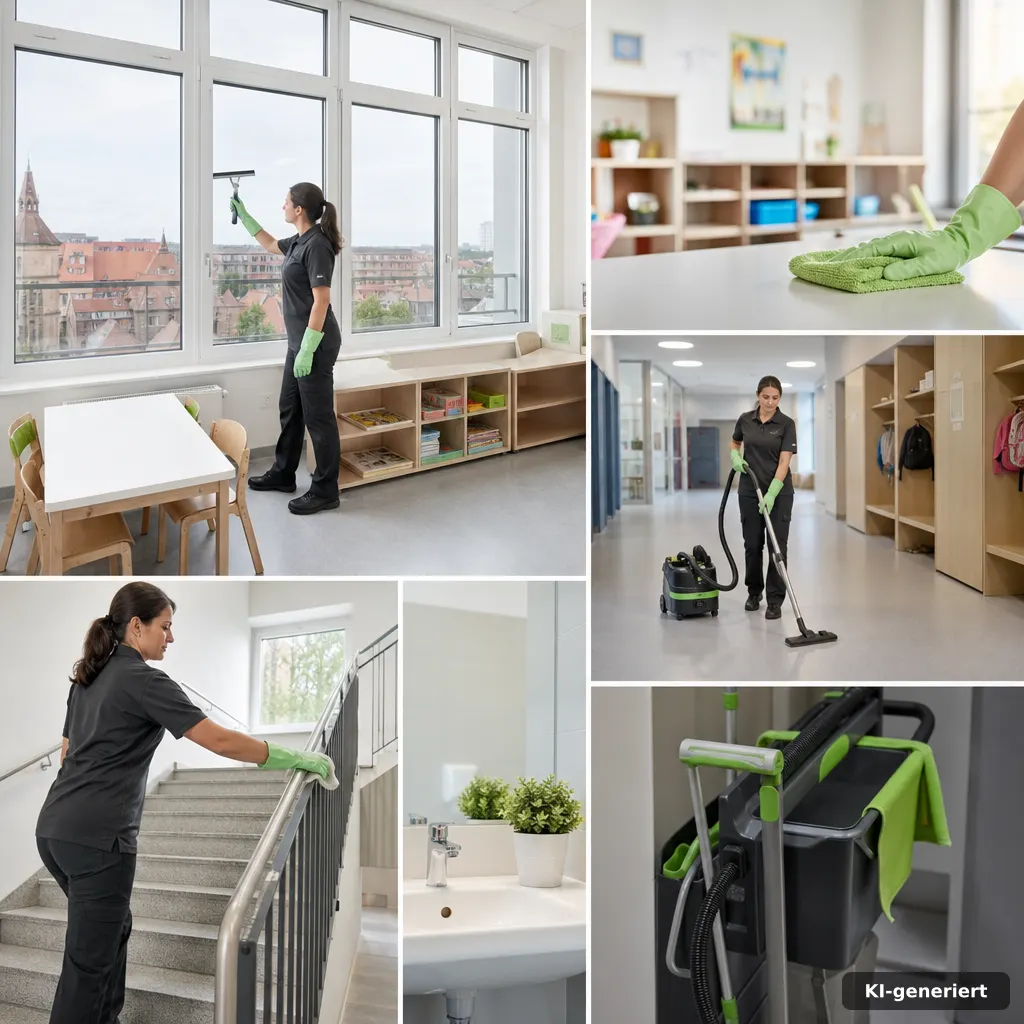 Schul- und Kitareinigung Nürnberg: Reinigungswagen und Mikrofasern im hellen Schulflur, saubere Arbeitsweise von green Gebäudereinigung