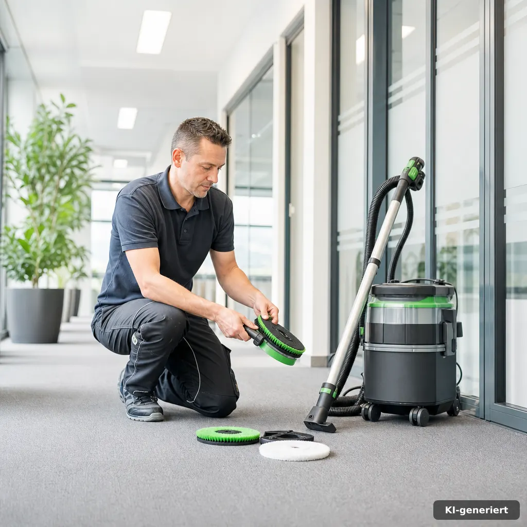 Trockenreinigung im Korridor – vorbereitetes Equipment für schonende Teppichpflege