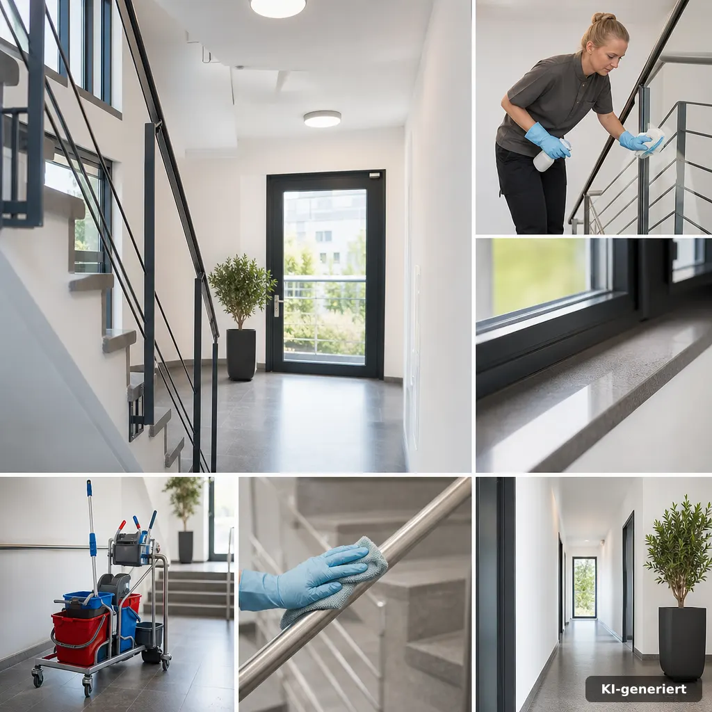 Treppenhausreinigung Fürth: helles, modernes Treppenhaus mit sauber gereinigten Stufen und Geländern im Fokus