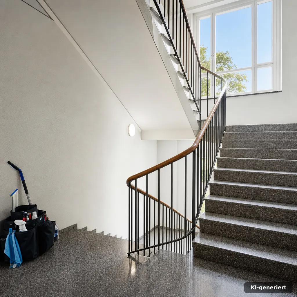 Helles Treppenhaus nach der Reinigung mit sauberen Stufen und Handlauf