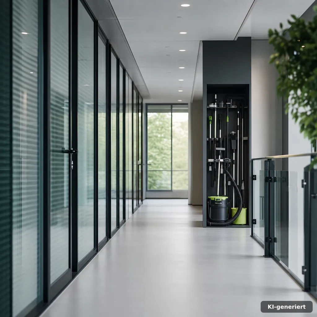 Helles Büroflur mit gereinigten Flächen und professionellem Equipment für die Unterhaltsreinigung Neustadt Aisch
