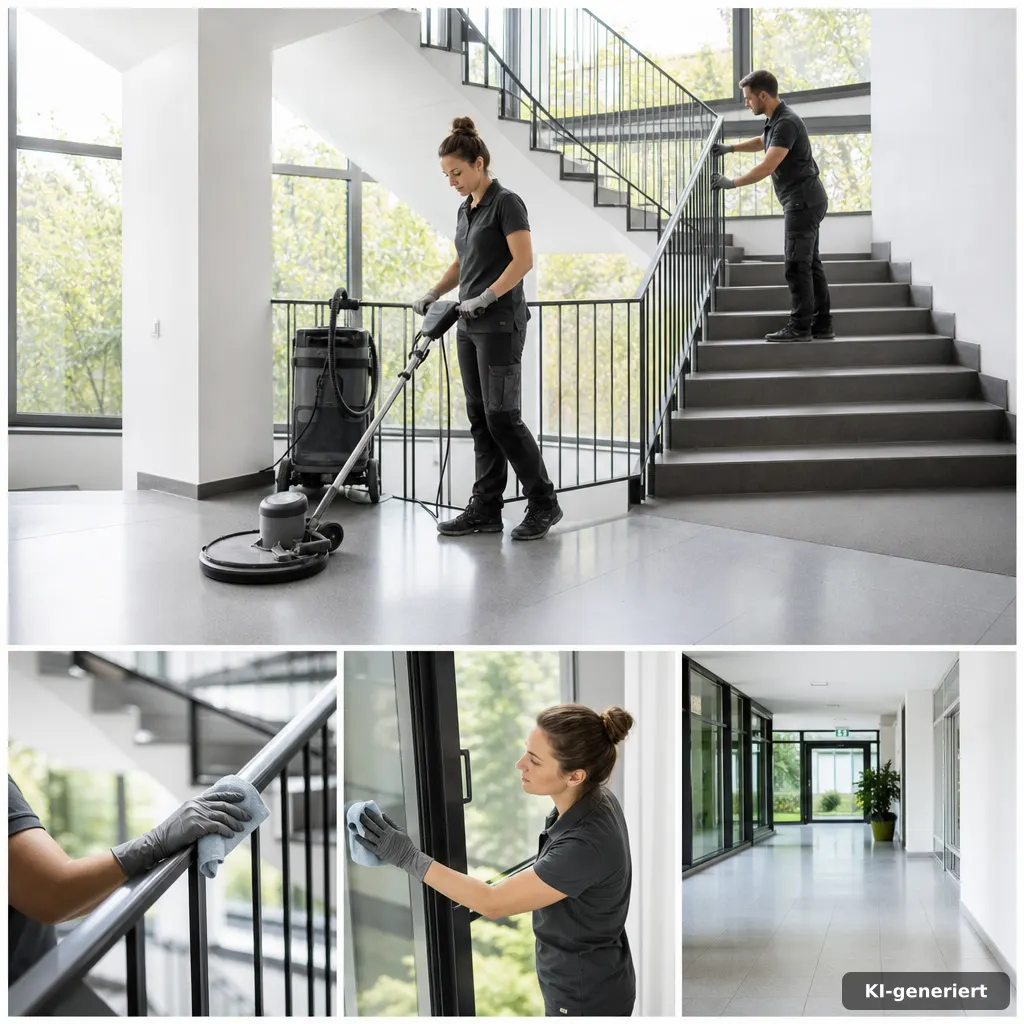 Professionelle Reinigungstechnik im Treppenhaus mit Fokus auf gründliche Boden- und Stufenpflege