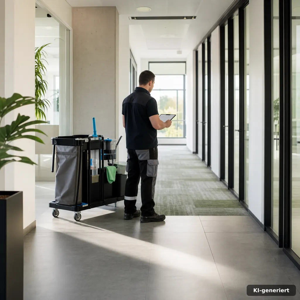 Blick in einen Büroflur, der Materialmix zeigt, und eine Checkliste für die Gebäudereinigung-Planung