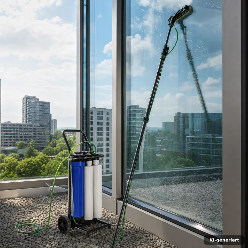 Glasreinigung an einer modernen Fassade mit fokussierten Reinigungswerkzeugen
