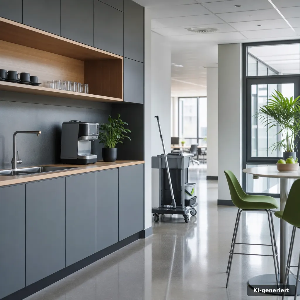 Teeküchen-Ecke im Büro mit sichtbarer Sauberkeit und gepflegter Oberfläche