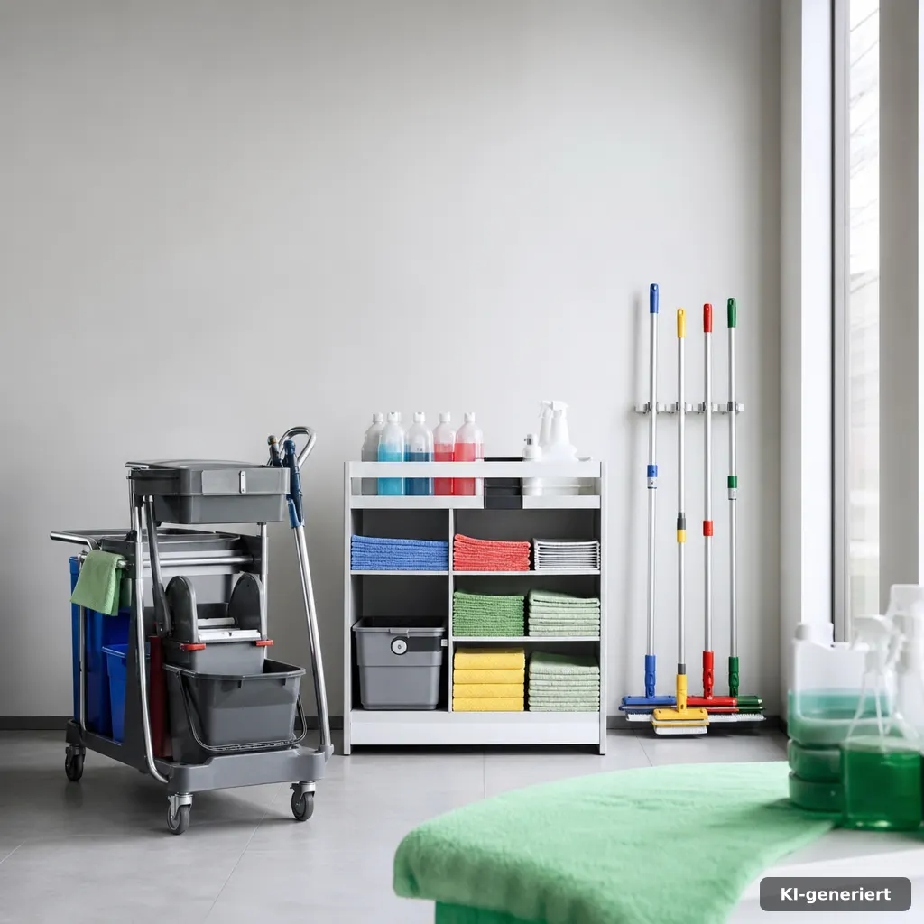 Professionelle Reinigungsausrüstung für Büro- und Unterhaltsreinigung, sauber organisiert und hygienisch vorbereitet