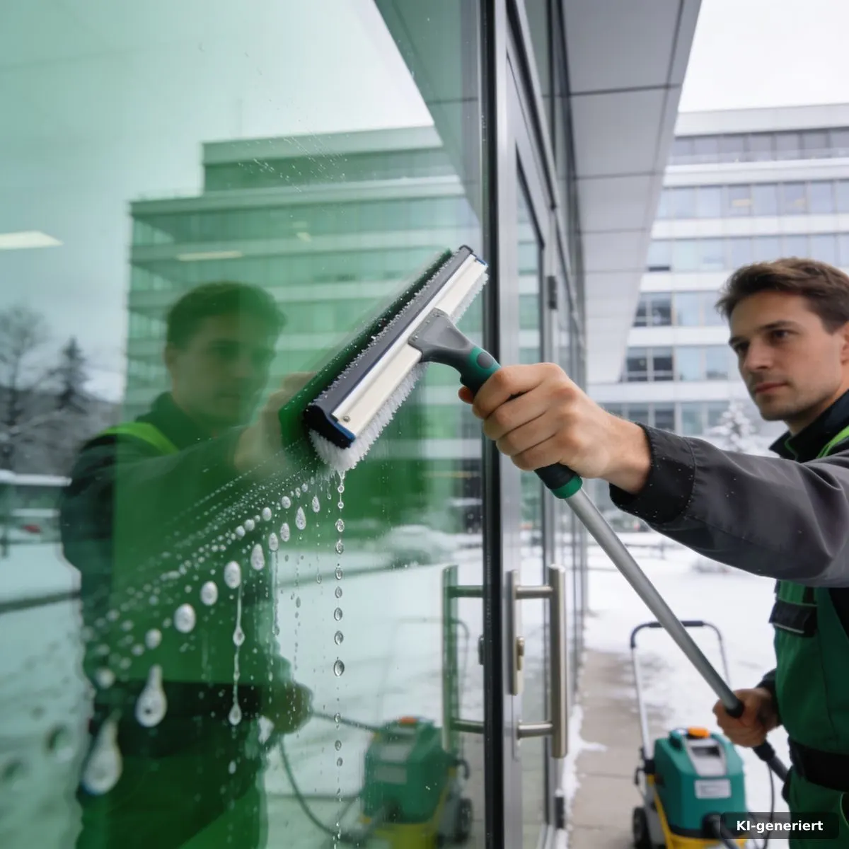 Detailaufnahme einer streifenfrei gereinigten Glasfläche am Büroeingang