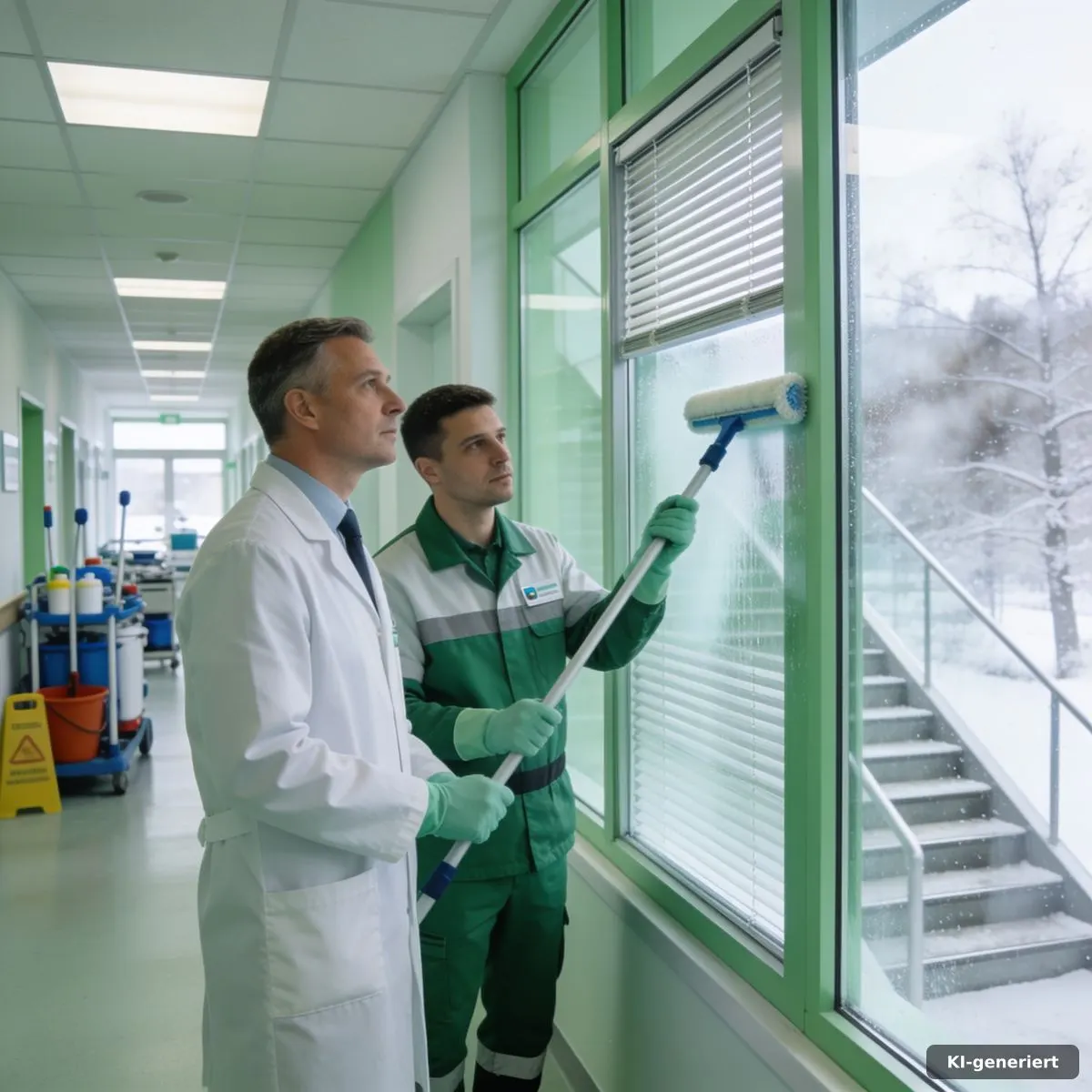 Qualitätskontrolle nach der Glasreinigung in einer modernen Einrichtung