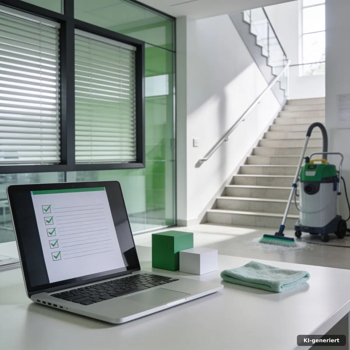 Strukturierte Profil-Checkliste neben Laptop und professionellen Reinigungsutensilien