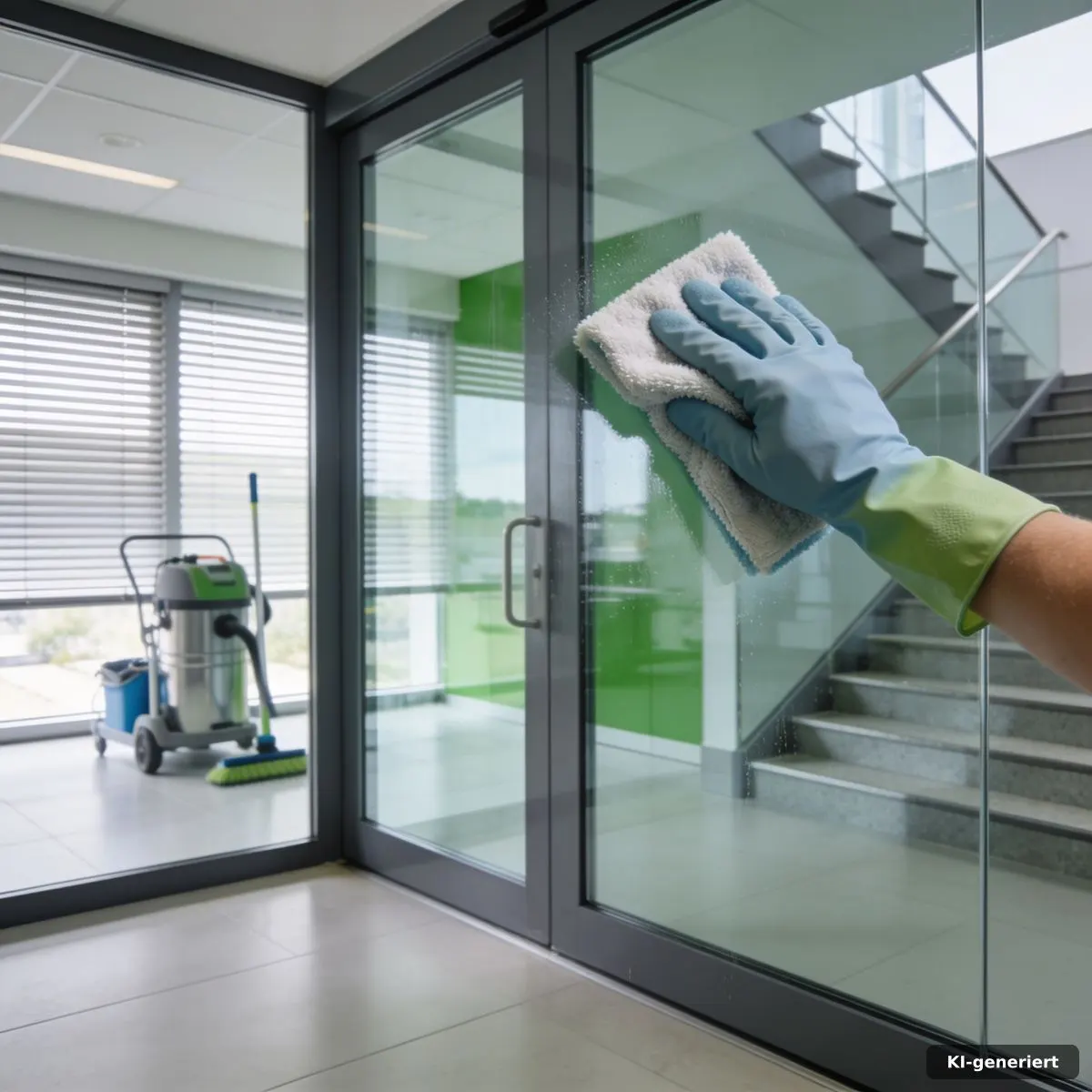 Professionelle Glasreinigung an einer modernen Bürotür mit klarer, streifenfreier Oberfläche