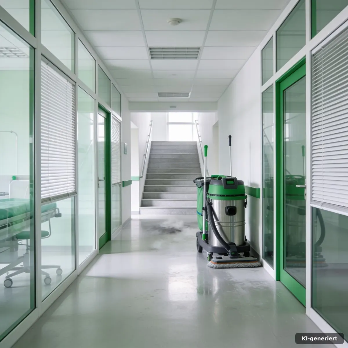 Sauberer Praxisflur mit Glasflächen und ordentlich vorbereitetem Reinigungswagen