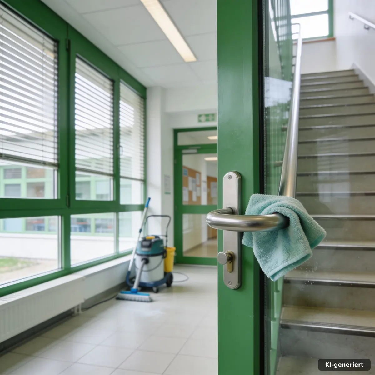 Reinigung von Handlauf und Türklinke im hellen Schul-Treppenhaus
