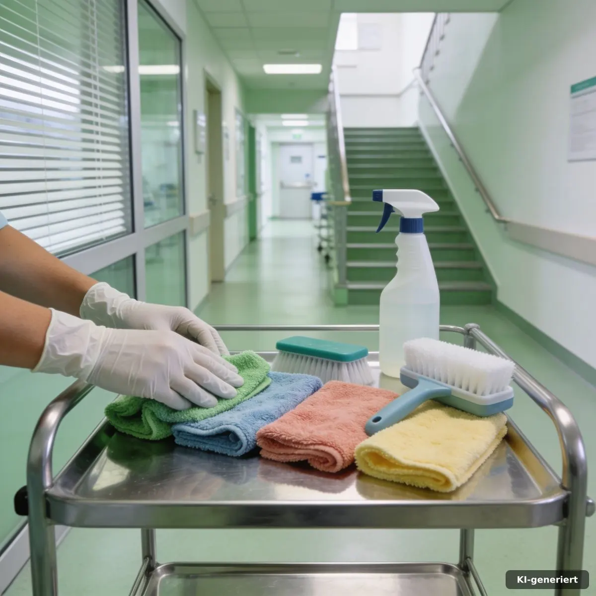 Geordnetes Reinigungszubehör auf einem Wagen im Klinikflur