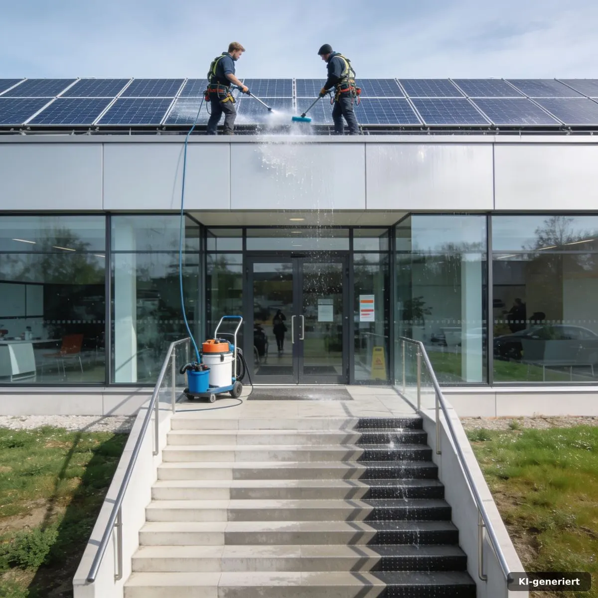 Gepflegter Gebäudeeingang mit Glasfassade und gereinigter Photovoltaikanlage