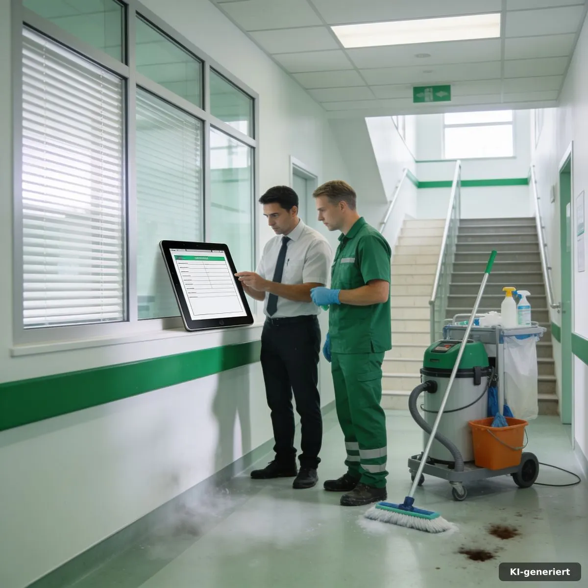 Gemeinsame Qualitätskontrolle mit digitalem Prüfbogen in einem sauberen Klinikflur