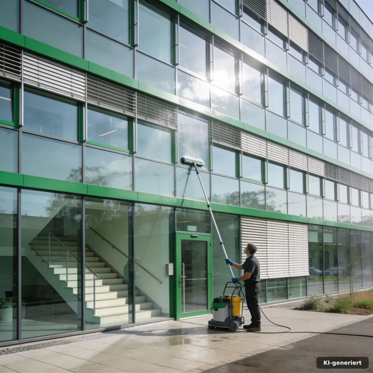 Kontrollierte Glas- und Fassadenflächen an einem Bürogebäude