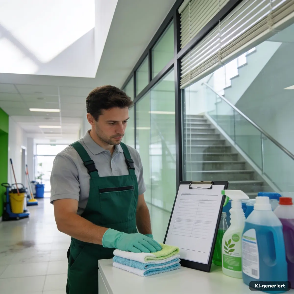Reinigungskraft mit Plan und professionellem Reinigungsequipment im modernen Büro