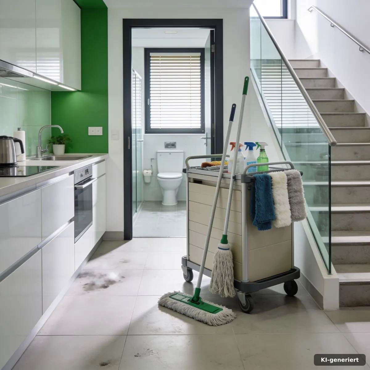 Saubere Büroküche mit vorbereitetem Reinigungsequipment