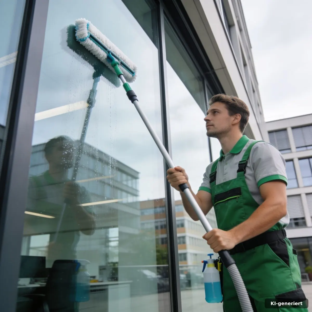 Fachgerechte Glasreinigung an einer großen Bürofensterfläche