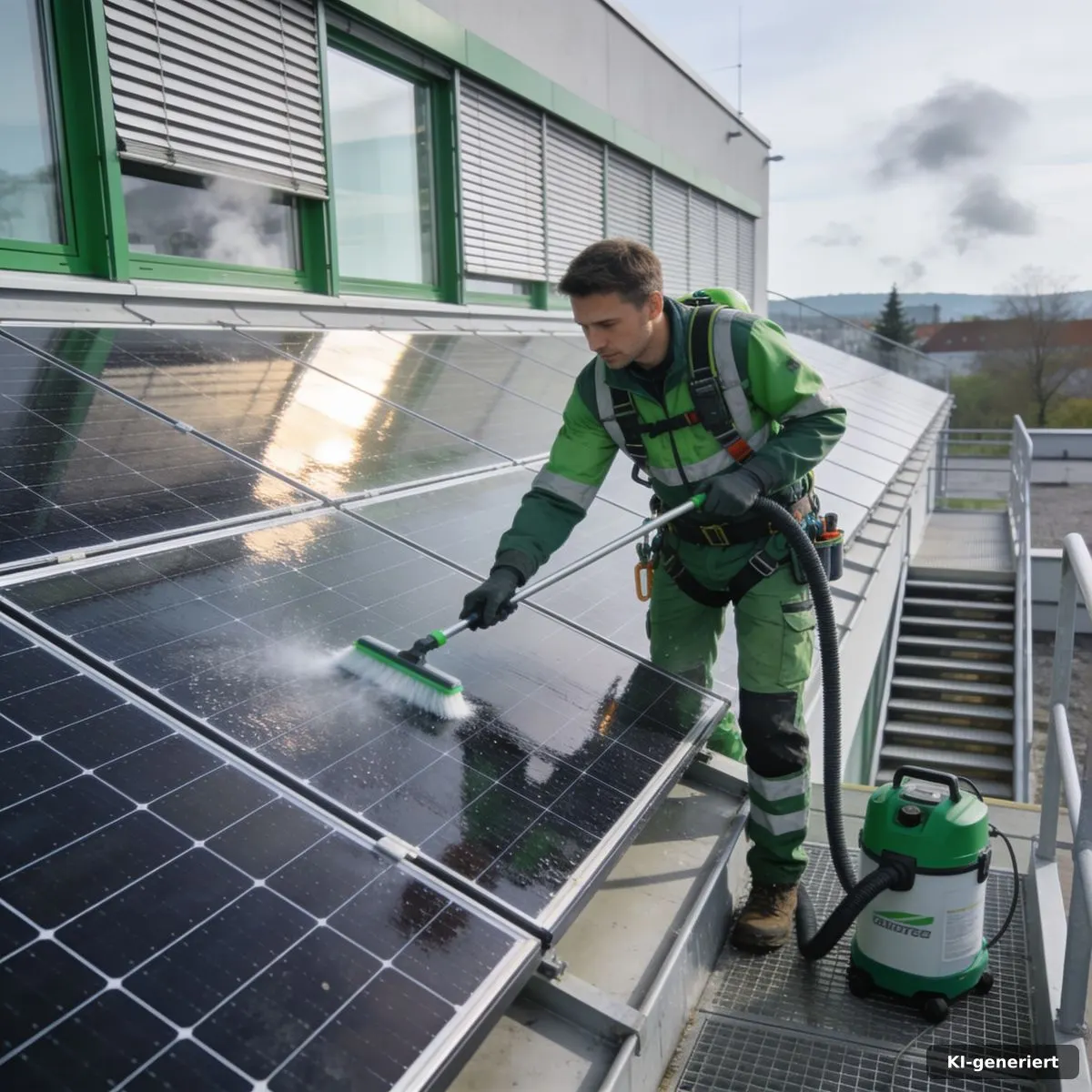 Reinigung von Solaranlagen auf dem Dach eines Gewerbegebäudes bei Nürnberg
