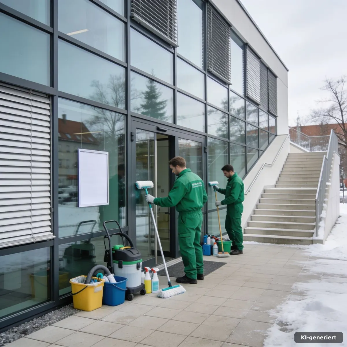 Sicher vorbereitete Glasreinigung an einer modernen Fassade in Nürnberg