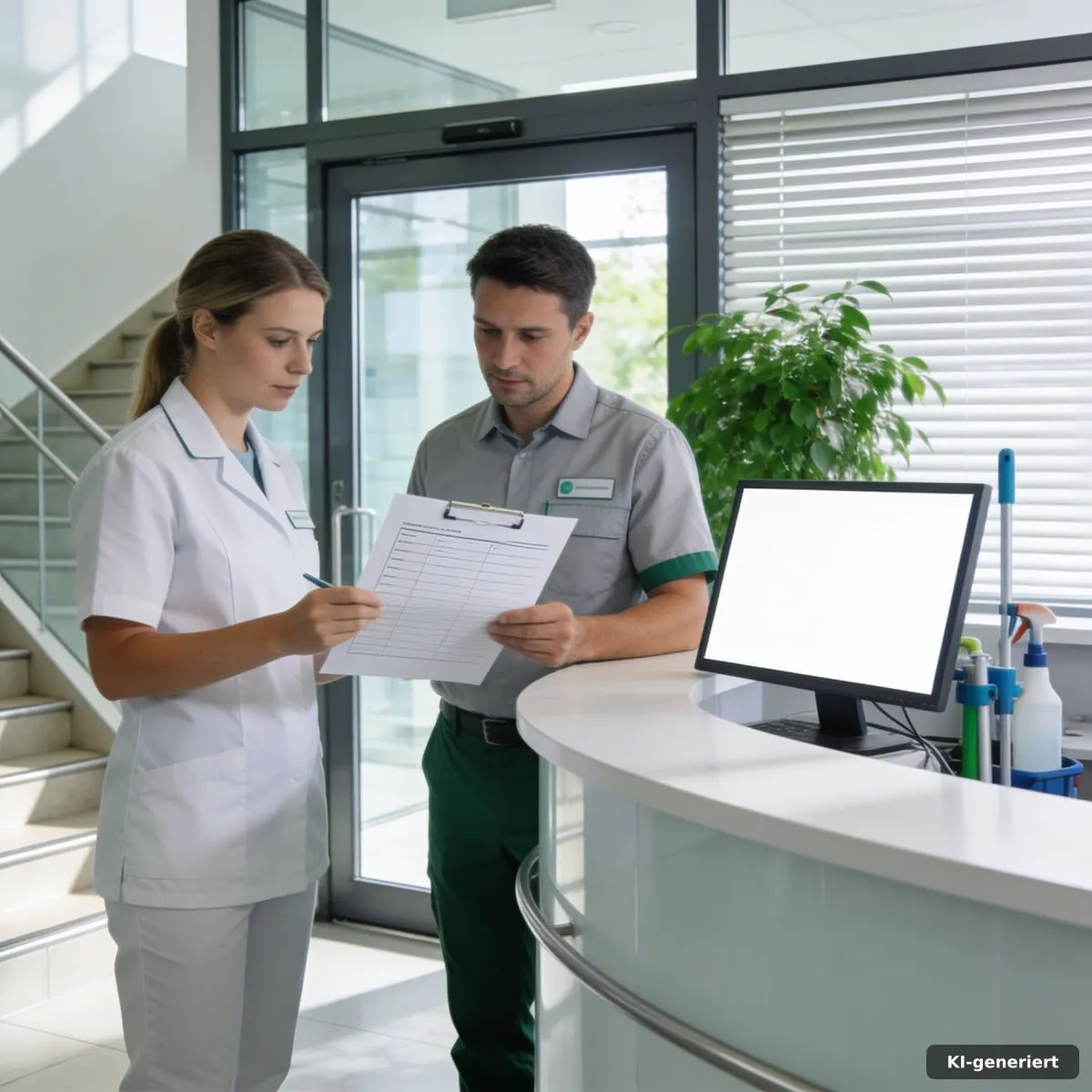 Gemeinsame Abnahme der Reinigung an der Praxisrezeption