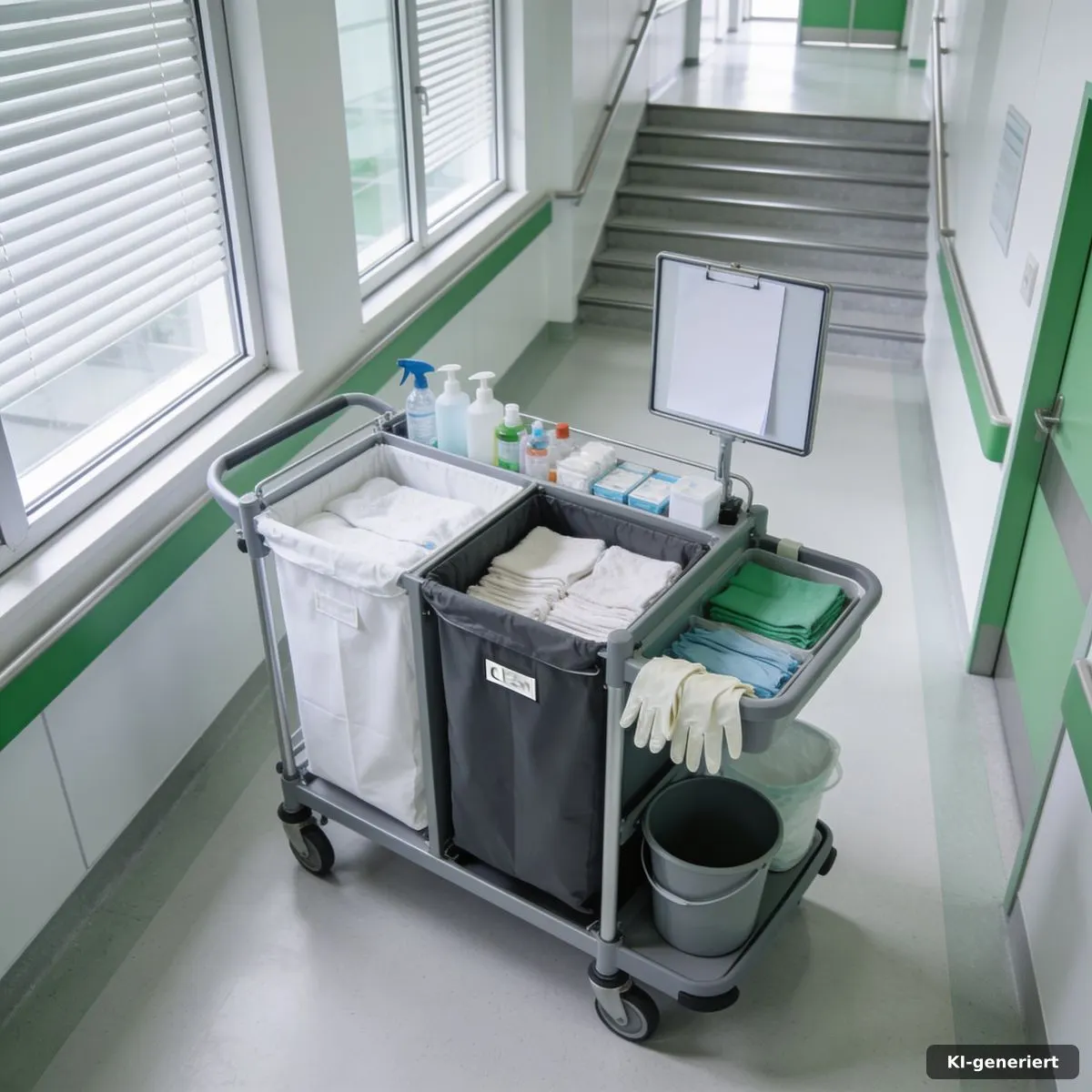 Übersichtlich getrennter Reinigungswagen im Praxisflur