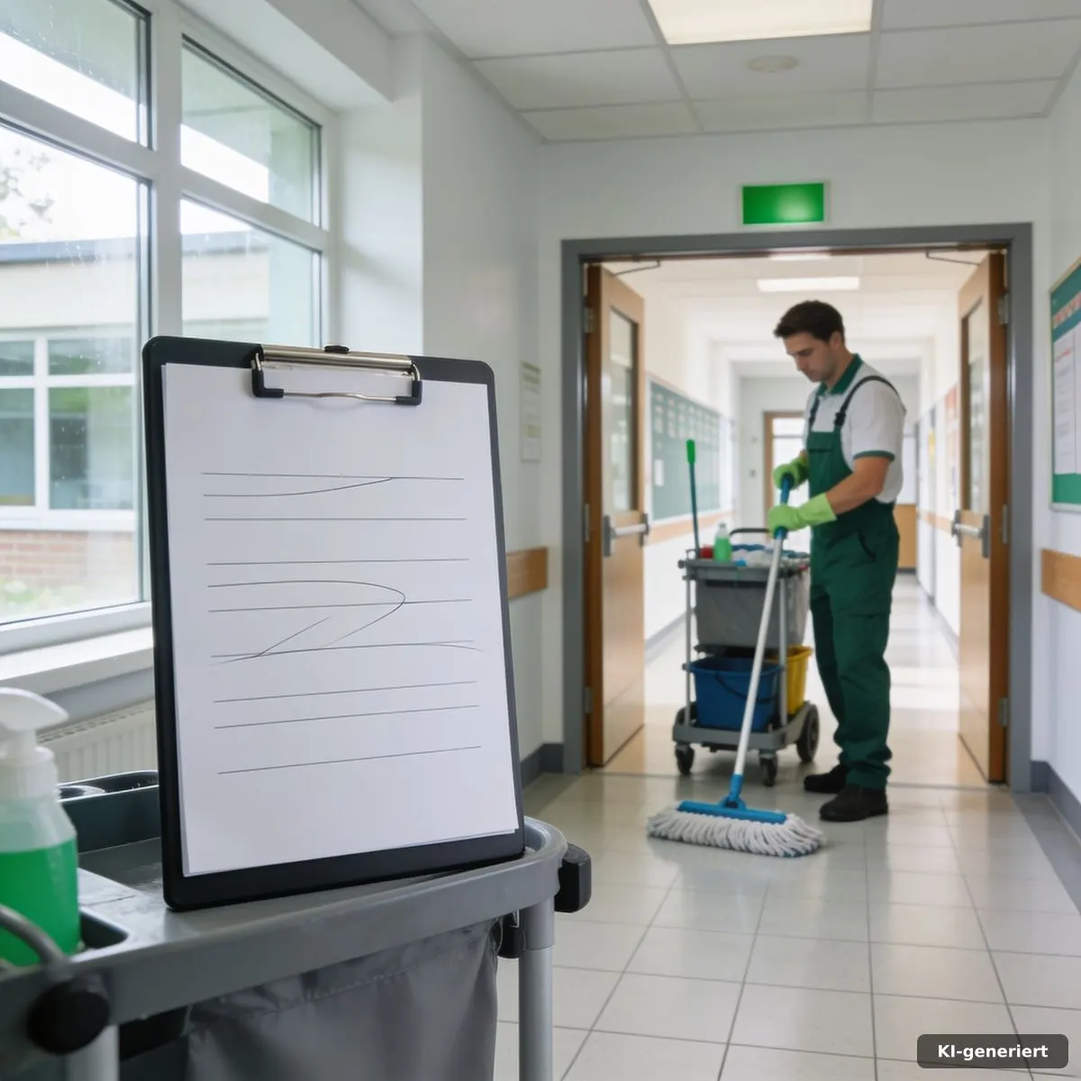 Reinigungskraft prüft eine Dokumentation in einem sauberen Schulflur