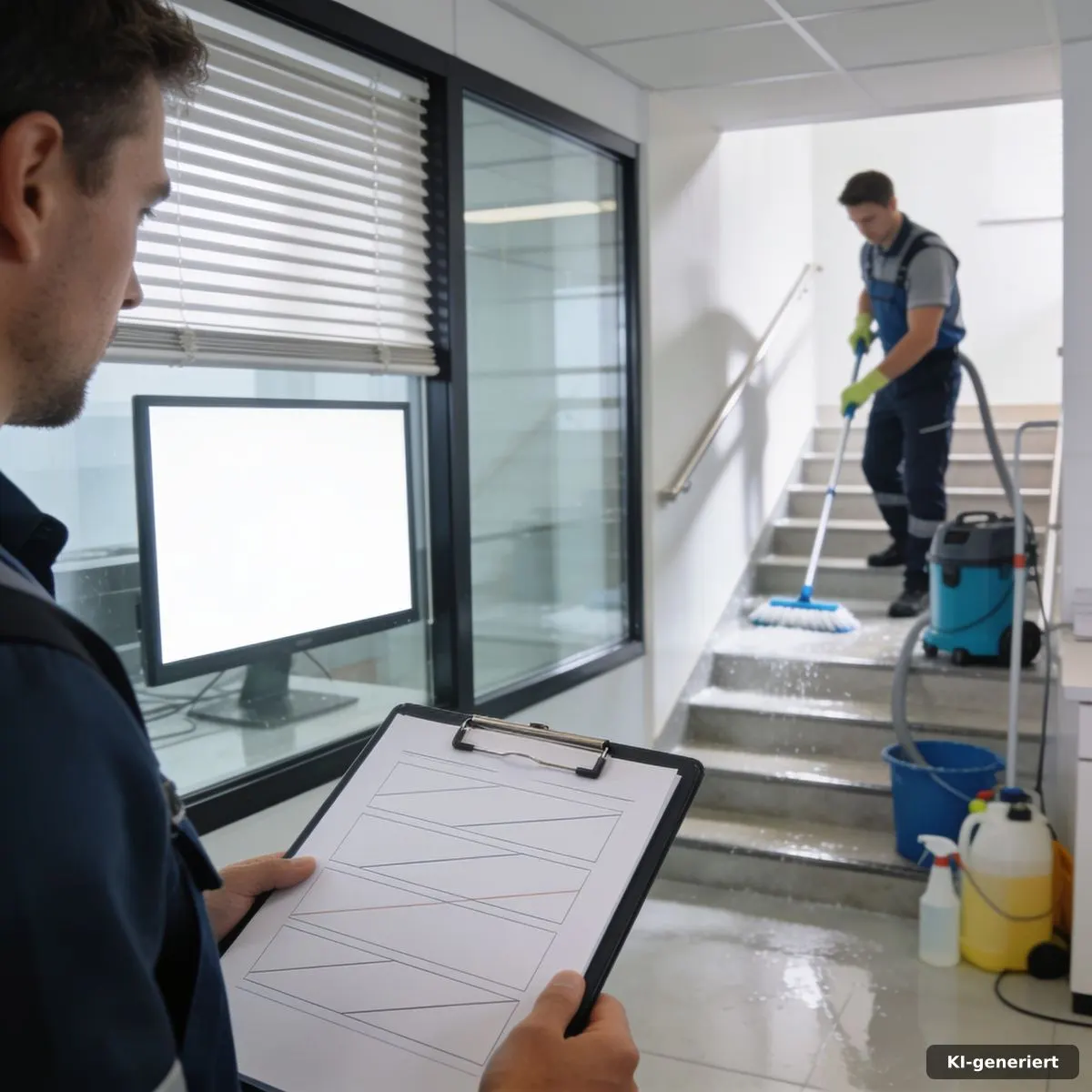 Dokumentierte Qualitätskontrolle mit Reinigungswagen im Büro
