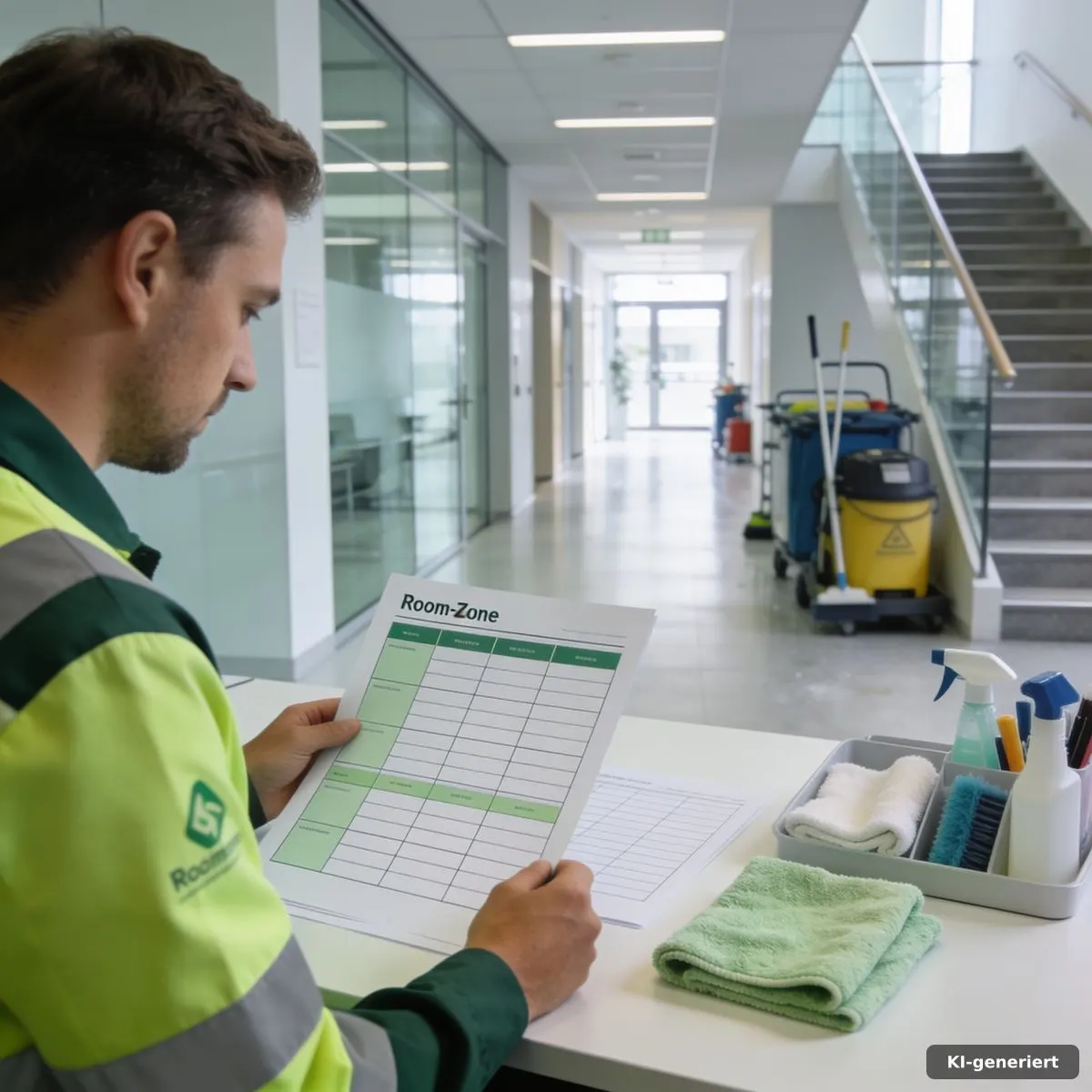 Reinigungskraft plant Raumzonen und Intervalle in einem modernen Büro
