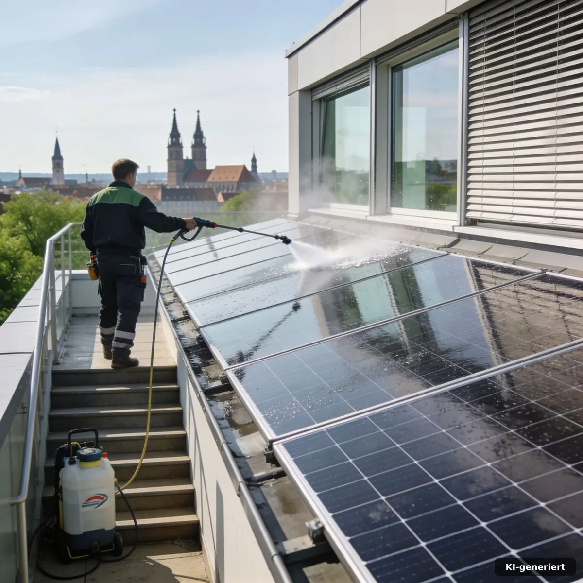 Professionelle Reinigung von Solarmodulen auf einem Bürogebäude in Nürnberg