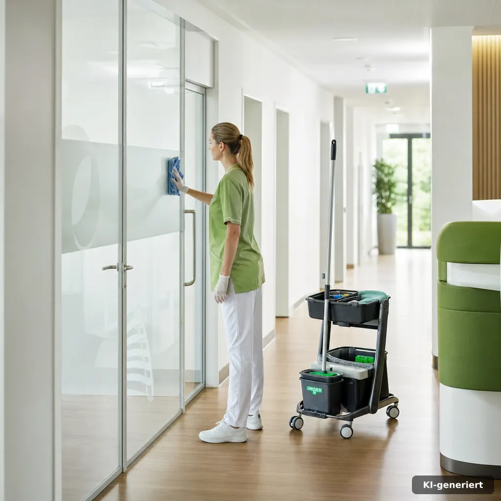 Hygienische Reinigung in einer hellen Arztpraxis mit professioneller Ausrüstung